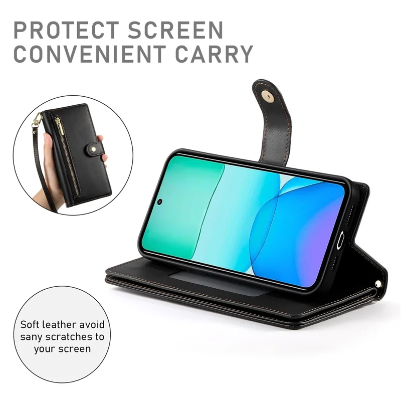 DF-011 Para Xiaomi Redmi 13 4G / 13 5 g Case Capeta de Cuero de Cuero de Billetera de Bolsillo Con Tirantes Con Correas - Negro