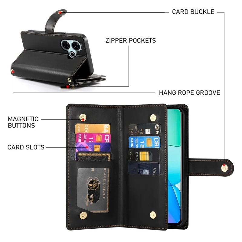 DF-011 Para Xiaomi Redmi 13 4G / 13 5 g Case Capeta de Cuero de Cuero de Billetera de Bolsillo Con Tirantes Con Correas - Negro