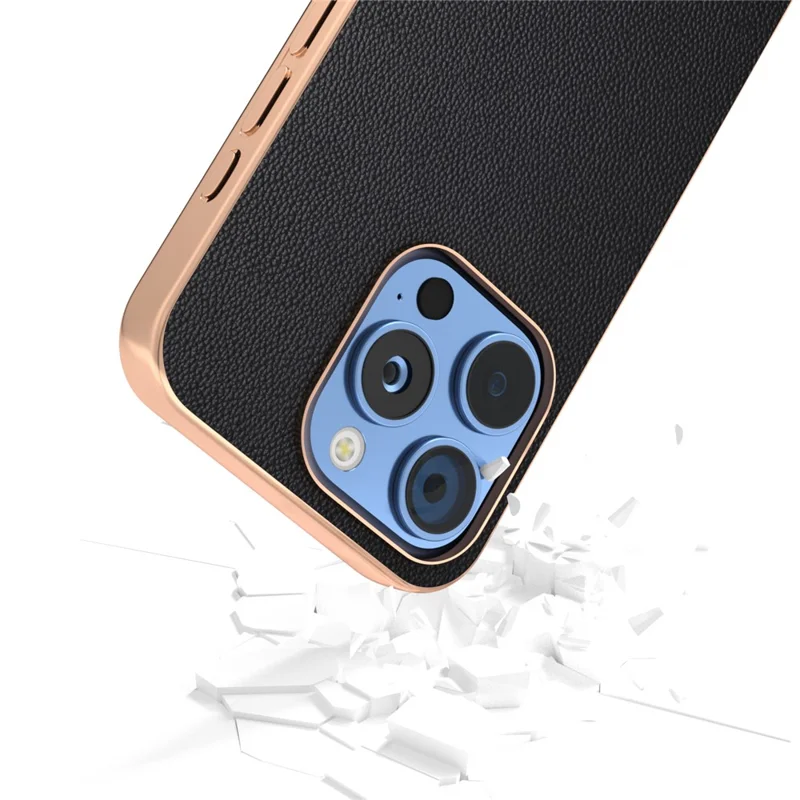 ABEEL For iPhone 16 Pro Case Electroplating Genuine Cow Leather PC Phone Cover - Black