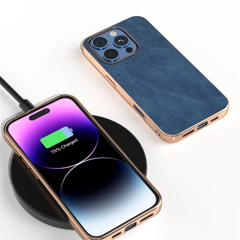 For iPhone 16 Pro Case Electroplating PC Leather Shockproof Back Cover - Blue