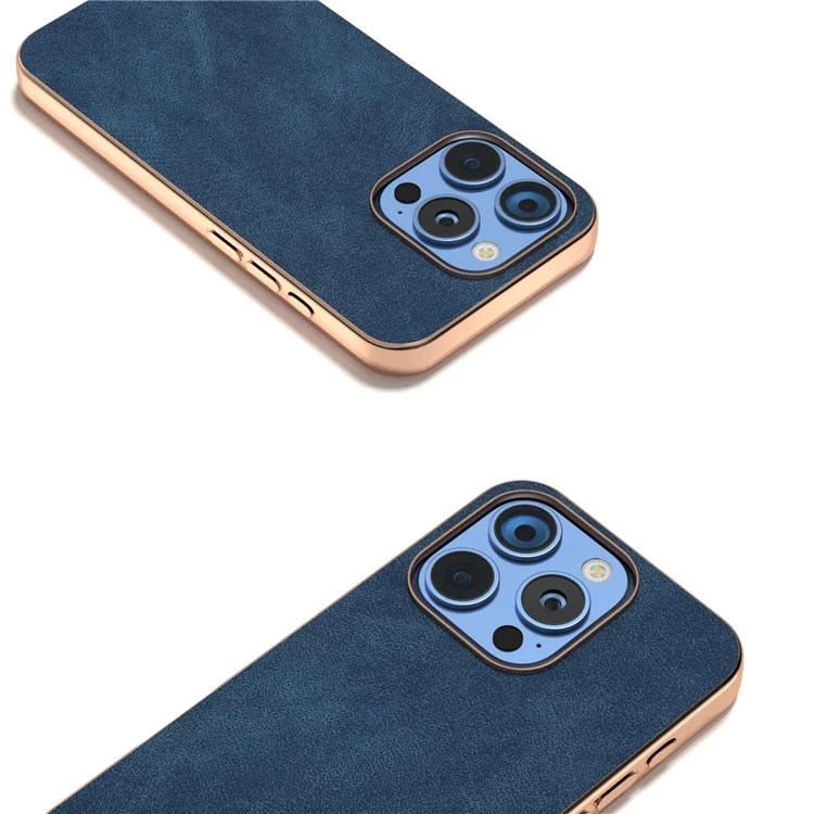 For iPhone 16 Pro Max Case Electroplating PC Leather Shockproof Back Cover - Blue