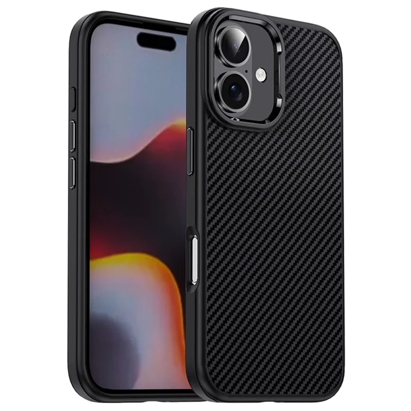 IPAKY For iPhone 16 TPU Case Carbon Fiber Texture Phone Cover Metal Lens Frame - Black