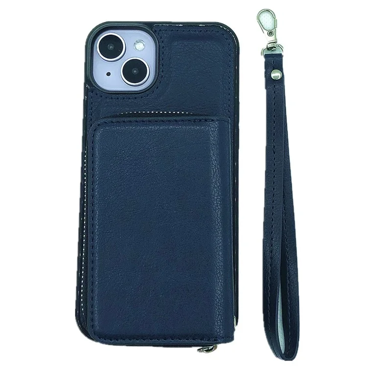 Para Iphone 15 Plus Casal Introcável Bolsa de Cartão Pu+tpu Kickstand Case de Telefone Com Cinta - Safira