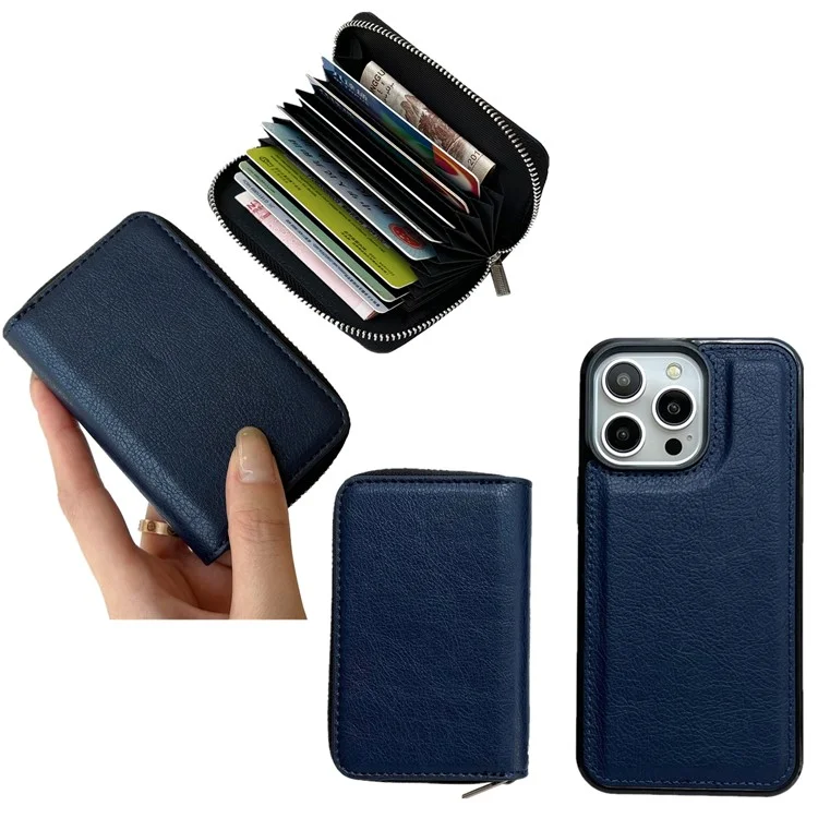 Pour L'iphone 15 Pro Bag de Carte à Glissière Détachable pu + Tpu Bootstand Téléphone Avec Sangle - Saphir