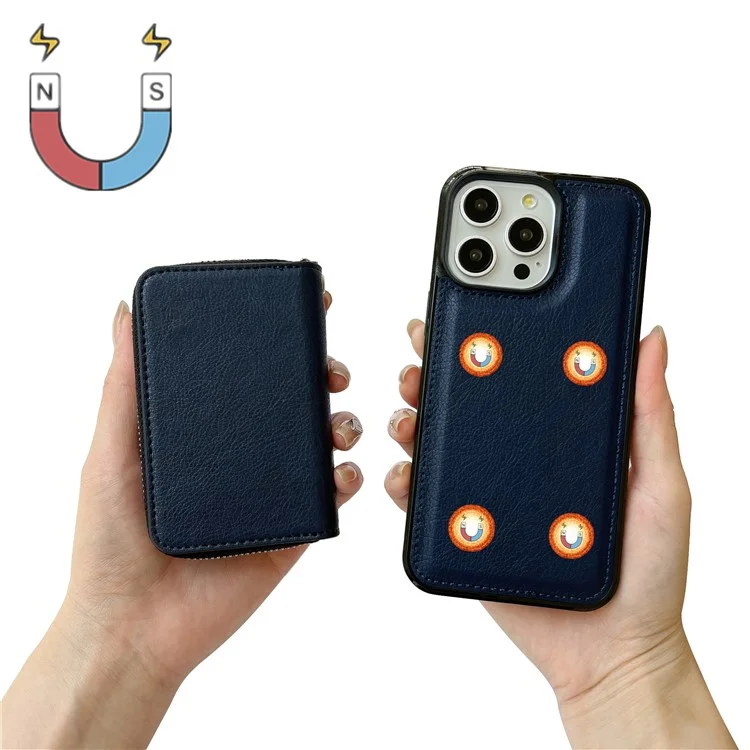 Pour L'iphone 15 Pro Bag de Carte à Glissière Détachable pu + Tpu Bootstand Téléphone Avec Sangle - Saphir