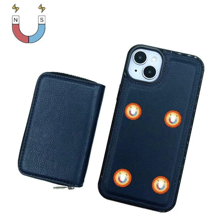 Для Iphone 15 Case Case Съемная Сумка Для Карты Zipper PU+TPU Chase Chase с Ремешком - Сапфир