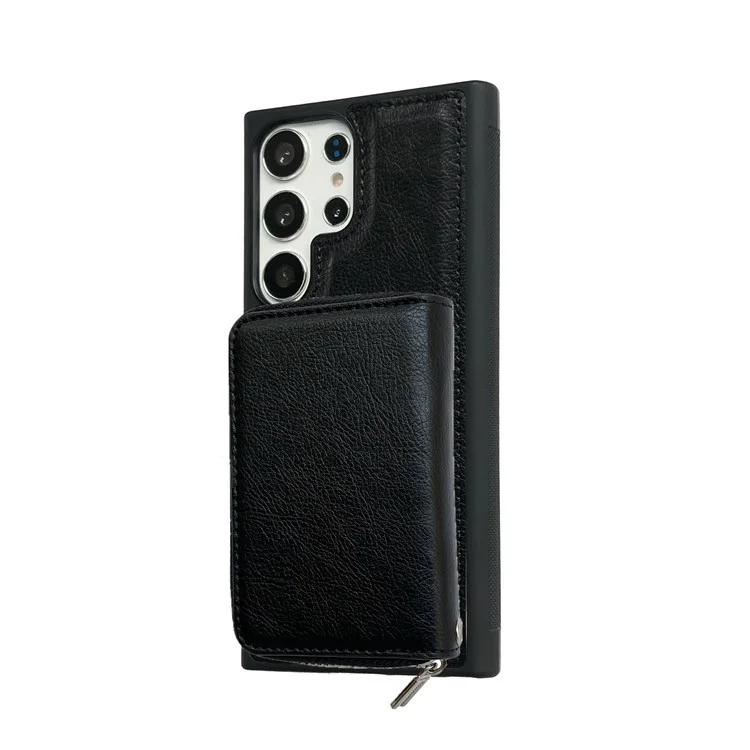 Para Samsung Galaxy S24 Case Ultra Estancable Bolsa de Tarjeta de Cremallera PU+TPU Kickstand Case Con Correa - Negro