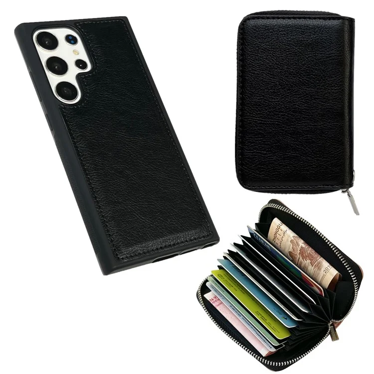 Para Samsung Galaxy S24 Case Ultra Estancable Bolsa de Tarjeta de Cremallera PU+TPU Kickstand Case Con Correa - Negro