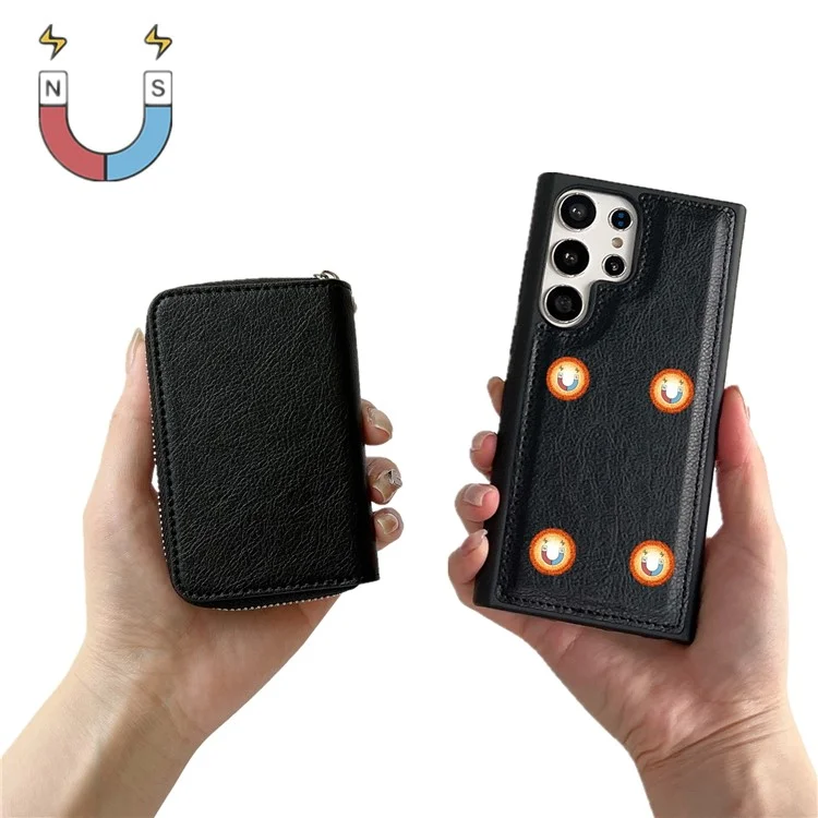 Para Samsung Galaxy S24 Case Ultra Estancable Bolsa de Tarjeta de Cremallera PU+TPU Kickstand Case Con Correa - Negro