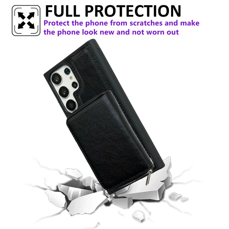 Para Samsung Galaxy S24 Case Ultra Estancable Bolsa de Tarjeta de Cremallera PU+TPU Kickstand Case Con Correa - Negro