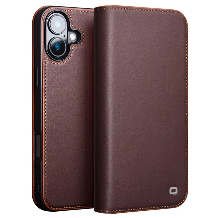 Qialino Para Iphone 16 Plus Stand Case Anti-Drop Genuine Cow Leather Willet Telep Cover - Marrón
