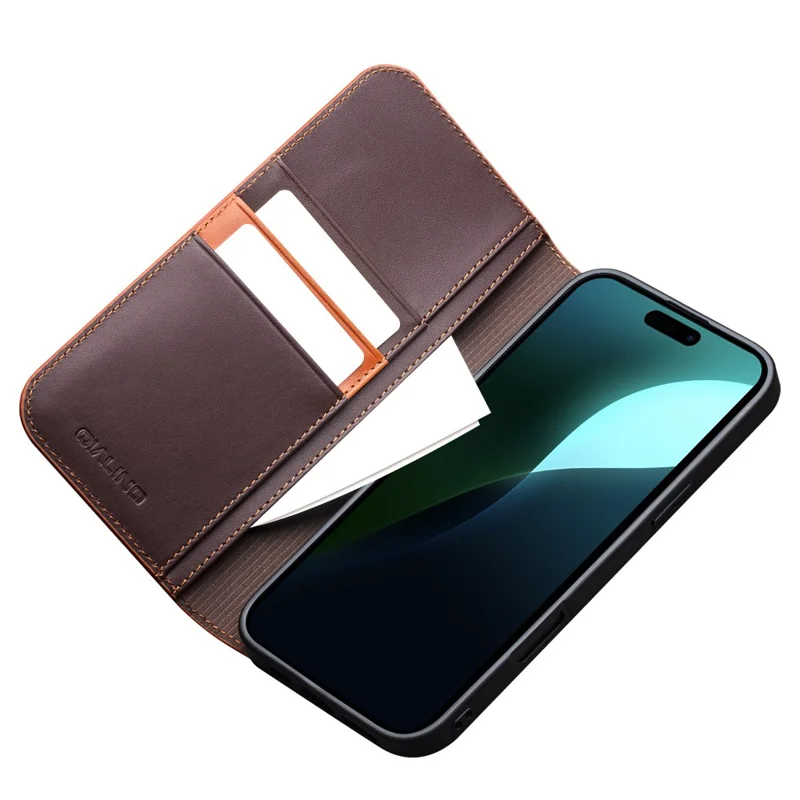 Qialino Para Iphone 16 Plus Stand Case Anti-Drop Genuine Cow Leather Willet Telep Cover - Marrón