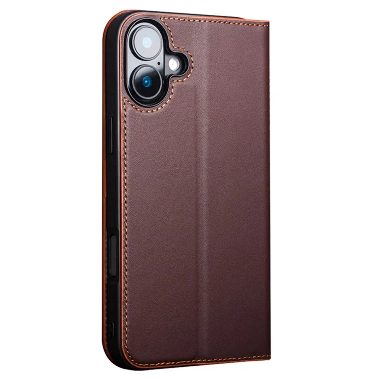 Qialino Para Iphone 16 Plus Stand Case Anti-Drop Genuine Cow Leather Willet Telep Cover - Marrón