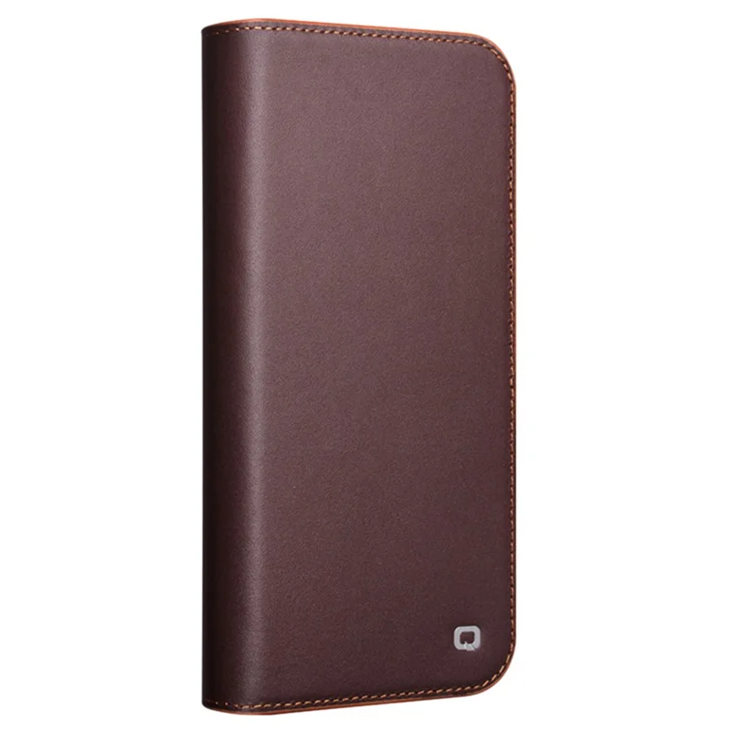 Qialino Para Iphone 16 Plus Stand Case Anti-Drop Genuine Cow Leather Willet Telep Cover - Marrón