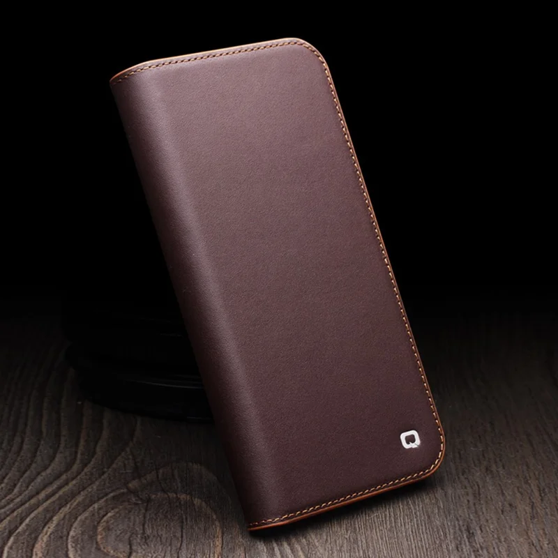 Qialino Para Iphone 16 Plus Stand Case Anti-Drop Genuine Cow Leather Willet Telep Cover - Marrón