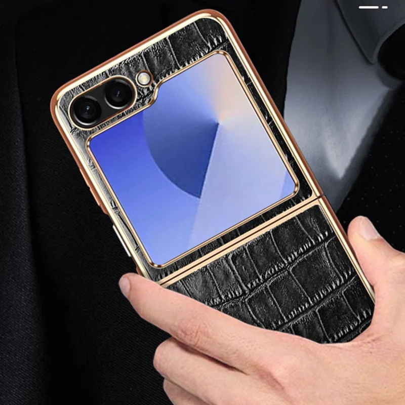 Para Samsung Galaxy Z Flip6 5G Case Crocodile Textura de Cuero de Vaca Genuina+pc Teléfono Port - Negro