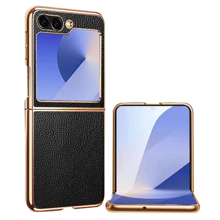 For Samsung Galaxy Z Flip6 5G Case Litchi Texture Genuine Cow Leather+PC Phone Cover - Black