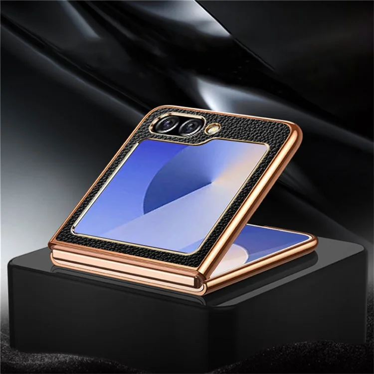 For Samsung Galaxy Z Flip6 5G Case Litchi Texture Genuine Cow Leather+PC Phone Cover - Black