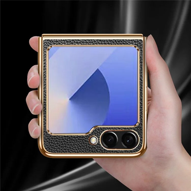 For Samsung Galaxy Z Flip6 5G Case Litchi Texture Genuine Cow Leather+PC Phone Cover - Black