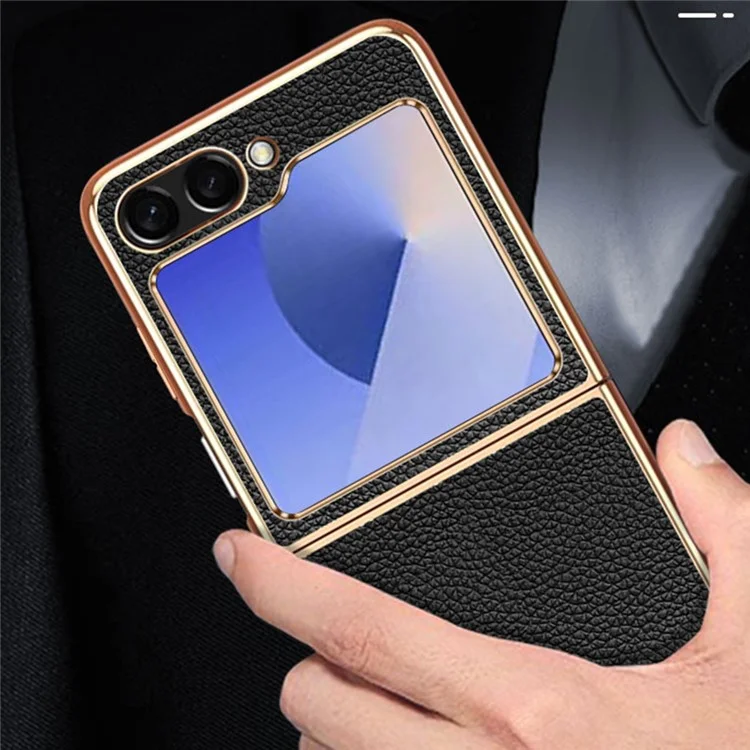 For Samsung Galaxy Z Flip6 5G Case Litchi Texture Genuine Cow Leather+PC Phone Cover - Black
