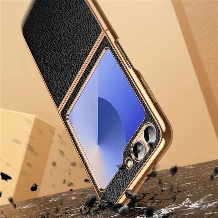 For Samsung Galaxy Z Flip6 5G Case Litchi Texture Genuine Cow Leather+PC Phone Cover - Black