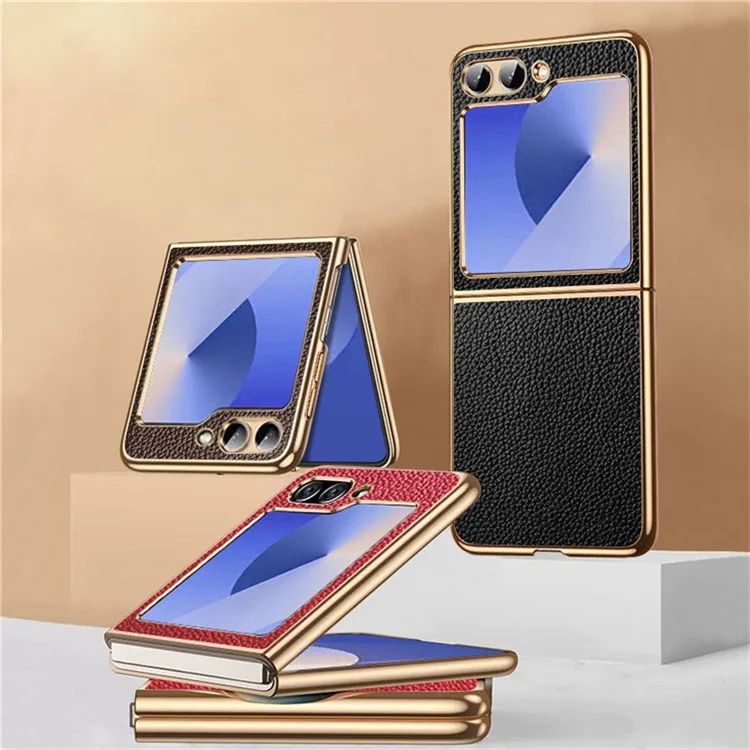 For Samsung Galaxy Z Flip6 5G Case Litchi Texture Genuine Cow Leather+PC Phone Cover - Black