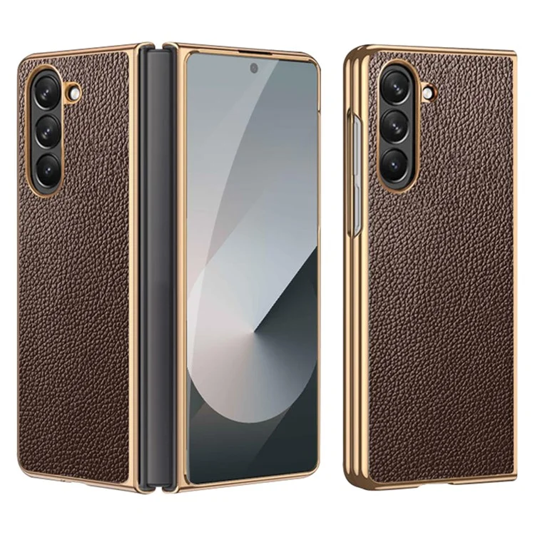 For Samsung Galaxy Z Fold6 5G Case Litchi Texture Genuine Cow Leather+PC Phone Cover - Coffee