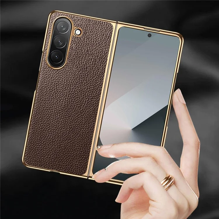 For Samsung Galaxy Z Fold6 5G Case Litchi Texture Genuine Cow Leather+PC Phone Cover - Coffee