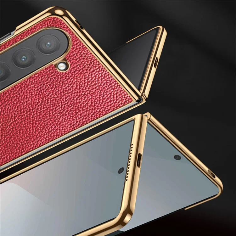 For Samsung Galaxy Z Fold6 5G Case Litchi Texture Genuine Cow Leather+PC Phone Cover - Coffee
