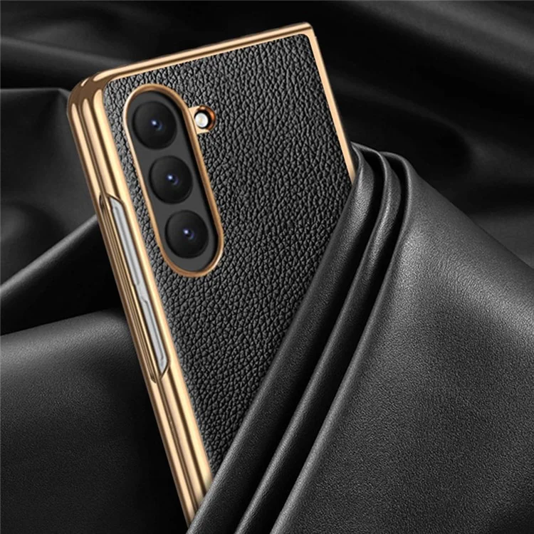 For Samsung Galaxy Z Fold6 5G Case Litchi Texture Genuine Cow Leather+PC Phone Cover - Coffee