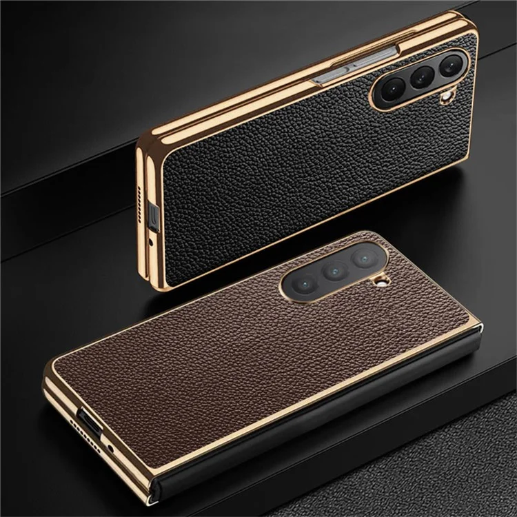 For Samsung Galaxy Z Fold6 5G Case Litchi Texture Genuine Cow Leather+PC Phone Cover - Coffee