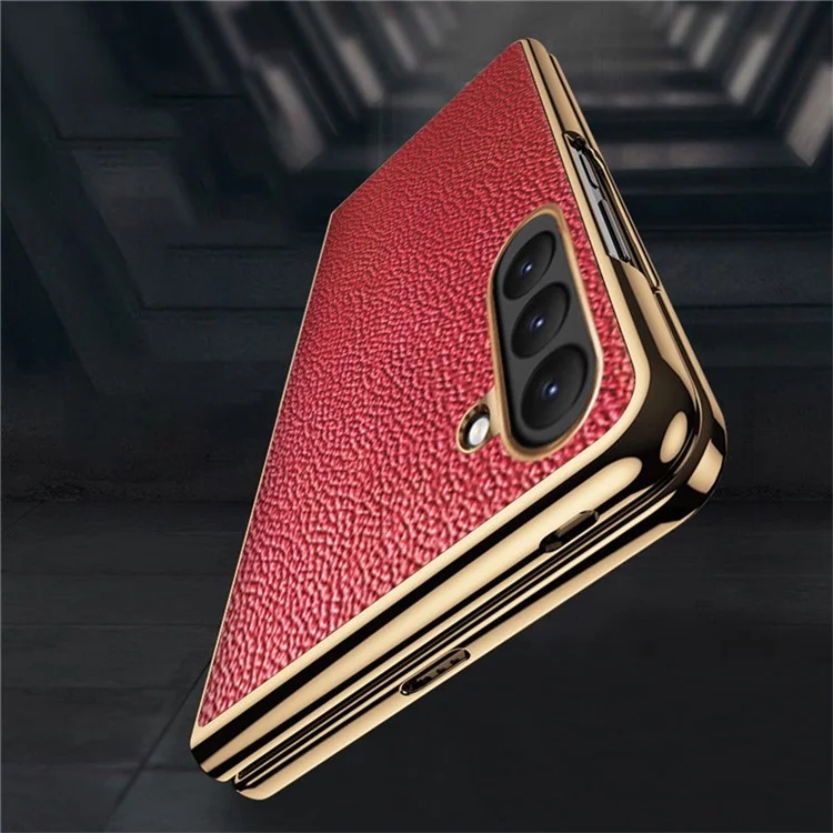 For Samsung Galaxy Z Fold6 5G Case Litchi Texture Genuine Cow Leather+PC Phone Cover - Coffee