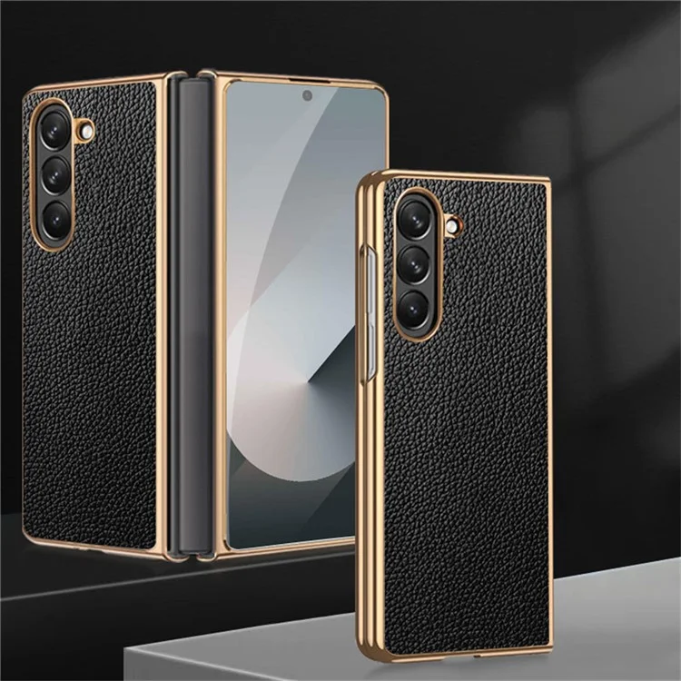 For Samsung Galaxy Z Fold6 5G Case Litchi Texture Genuine Cow Leather+PC Phone Cover - Coffee