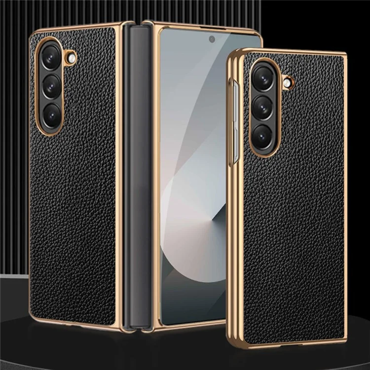 For Samsung Galaxy Z Fold6 5G Case Litchi Texture Genuine Cow Leather+PC Phone Cover - Coffee