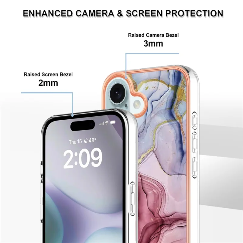 Série YB IMD-16 Style-E Pour iPhone 16 Étui TPU Motif Marbre Électroplaqué Housse de Téléphone - Or Rose