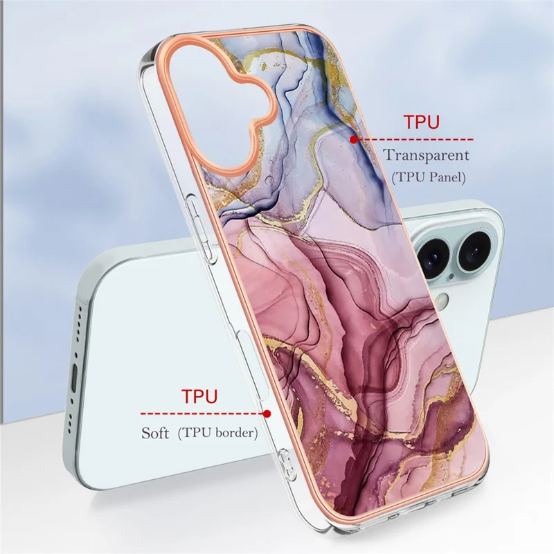 Série YB IMD-16 Style-E Pour iPhone 16 Étui TPU Motif Marbre Électroplaqué Housse de Téléphone - Or Rose