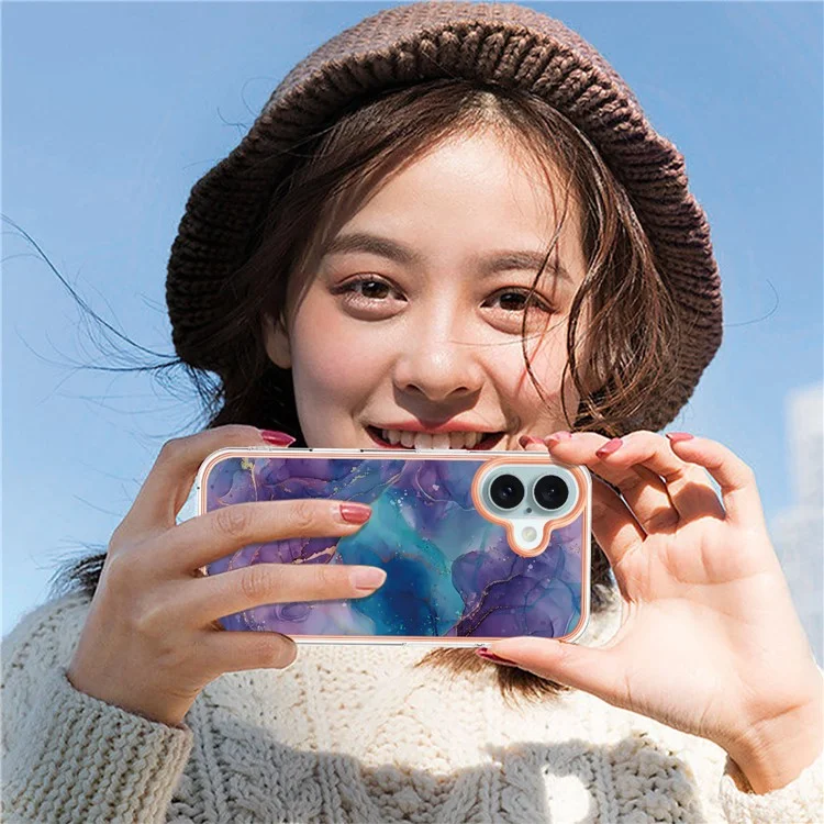 YB IMD Series-16 Style-E Pour iPhone 16 Plus Coque TPU Motif Marbre Electroplaquage Couvre-Téléphone - Or Rose