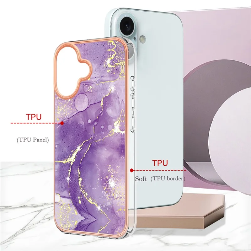 For iPhone 16 TPU Case with IMD Marble Pattern Electroplated Back Cover - Purple 002