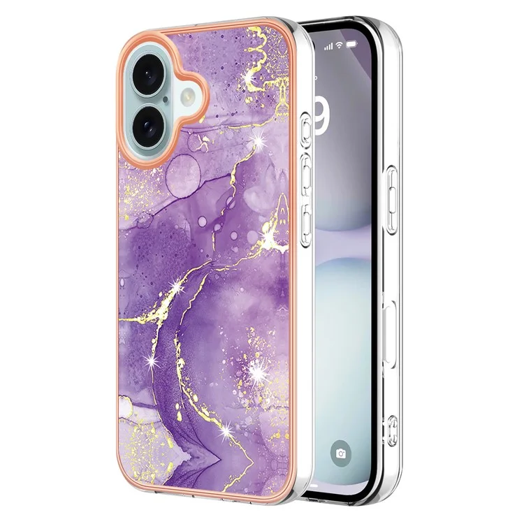 For iPhone 16 Plus TPU Case with IMD Marble Pattern Electroplated Back Cover - Purple 002