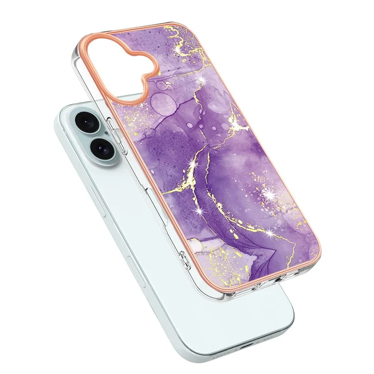 For iPhone 16 Plus TPU Case with IMD Marble Pattern Electroplated Back Cover - Purple 002