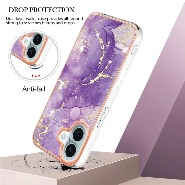 For iPhone 16 Plus TPU Case with IMD Marble Pattern Electroplated Back Cover - Purple 002