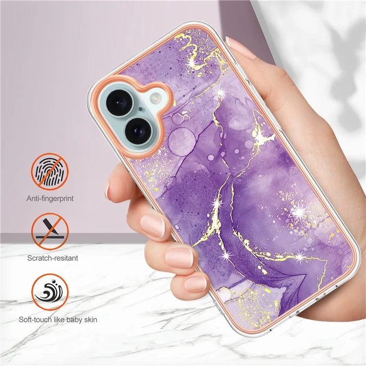 For iPhone 16 Plus TPU Case with IMD Marble Pattern Electroplated Back Cover - Purple 002