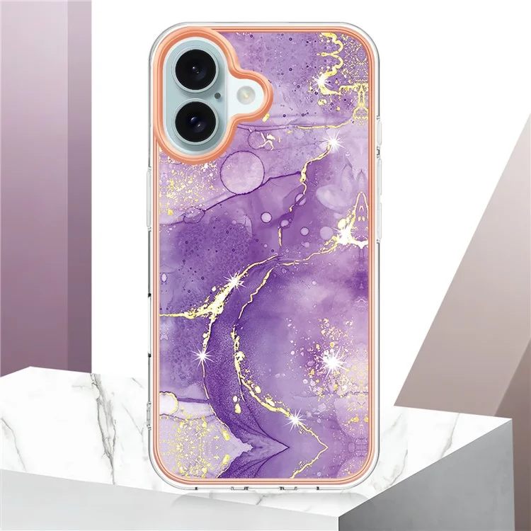 For iPhone 16 Plus TPU Case with IMD Marble Pattern Electroplated Back Cover - Purple 002
