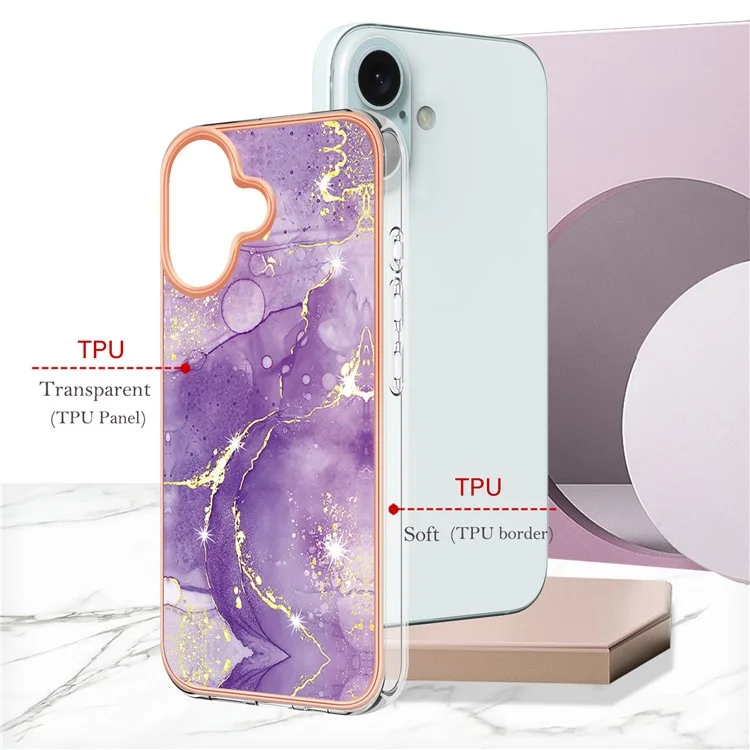 For iPhone 16 Plus TPU Case with IMD Marble Pattern Electroplated Back Cover - Purple 002