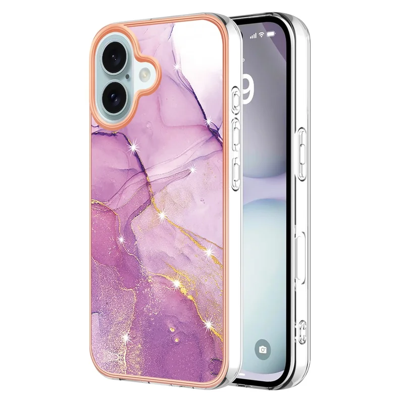 For iPhone 16 Plus TPU Case with IMD Marble Pattern Electroplated Back Cover - Purple 001