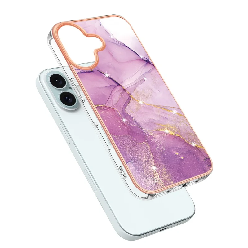 For iPhone 16 Plus TPU Case with IMD Marble Pattern Electroplated Back Cover - Purple 001