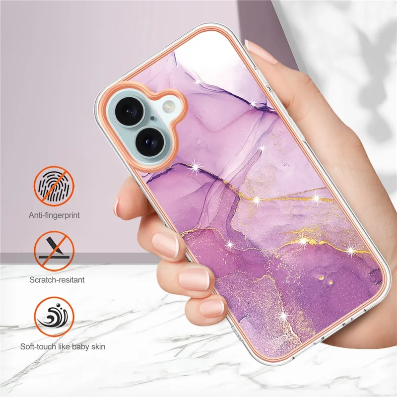 For iPhone 16 Plus TPU Case with IMD Marble Pattern Electroplated Back Cover - Purple 001