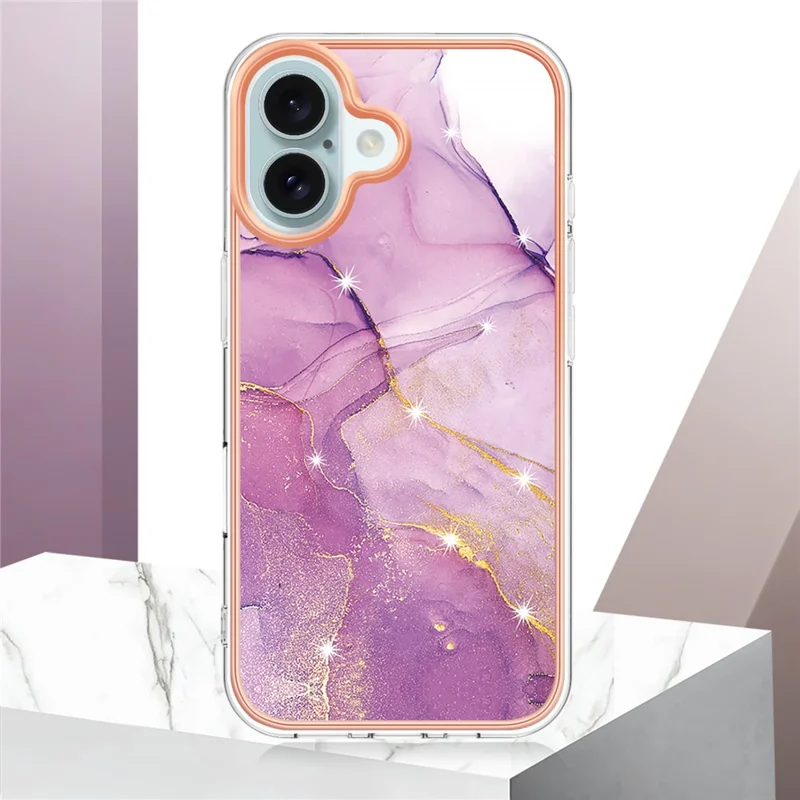 For iPhone 16 Plus TPU Case with IMD Marble Pattern Electroplated Back Cover - Purple 001