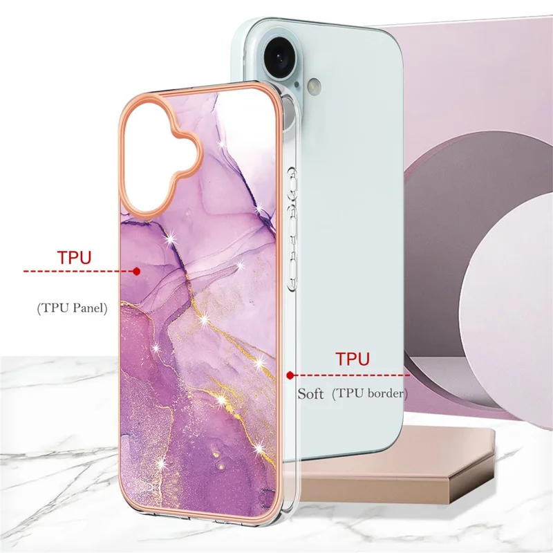 For iPhone 16 Plus TPU Case with IMD Marble Pattern Electroplated Back Cover - Purple 001