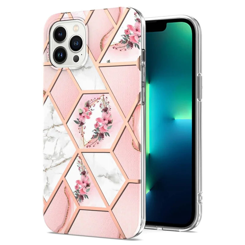 Série YB IMD-16 Style-E Étui pour iPhone 16 Pro Max Cas IMD Motif Marbre Fleur TPU Housse de téléphone - Fleurs roses